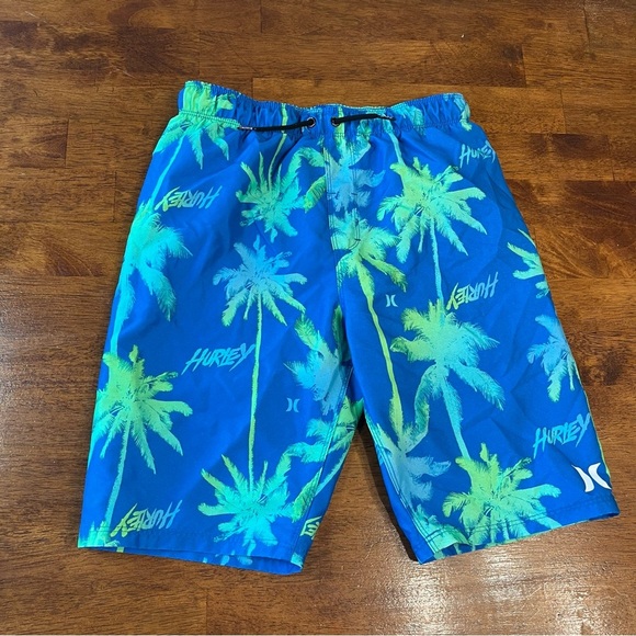 Hurley Boys blue green palm tree swim trunks size Large 12-14 - Picture 1 of 5